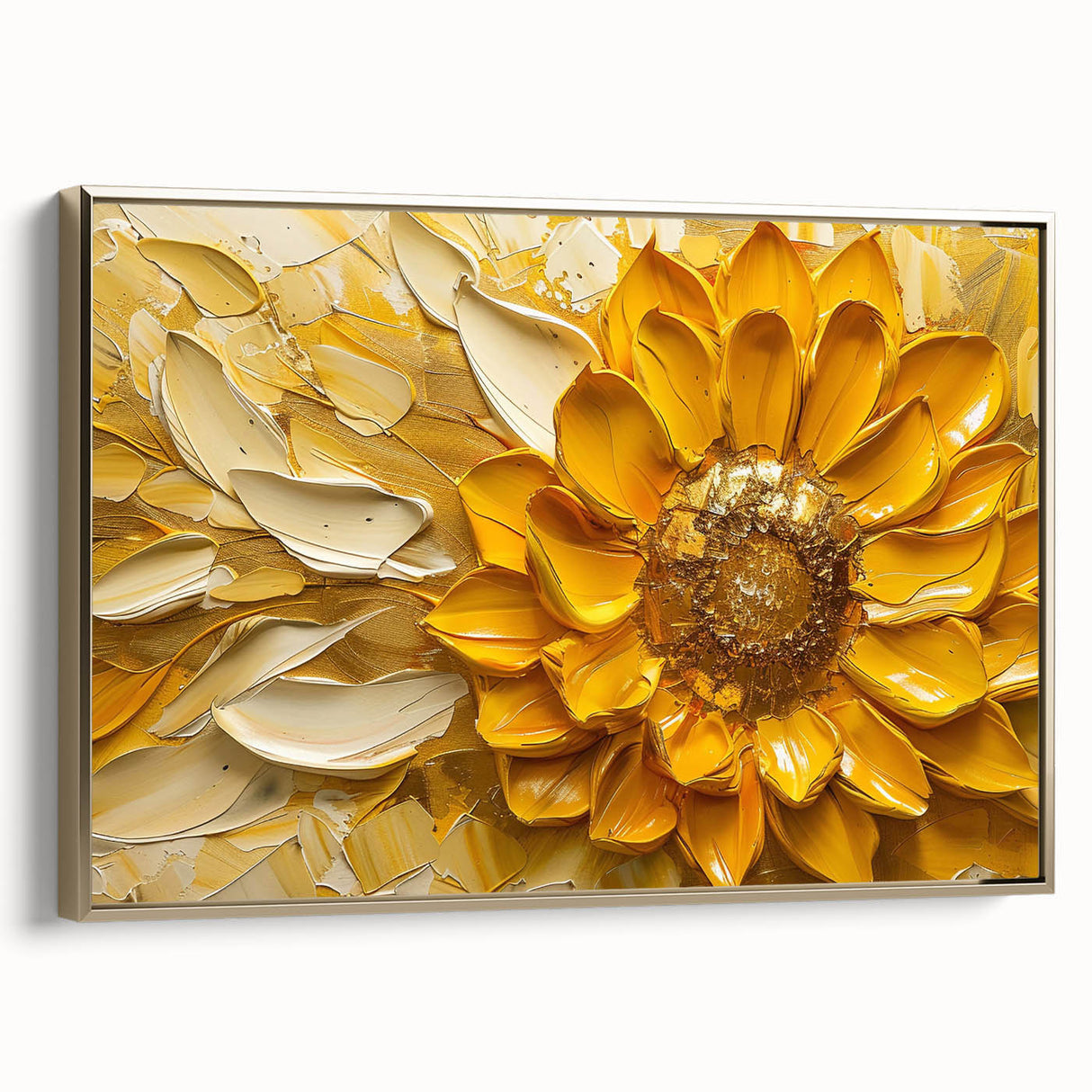 Framed botanical wall art featuring a vibrant sunflower design against a gold background, showcasing intricate details and textures ideal for home decor.