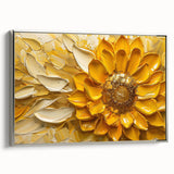 Framed canvas wall art featuring a vibrant botanical sunflower design, showcasing intricate details and a silver frame, perfect for home decor and floral enthusiasts.