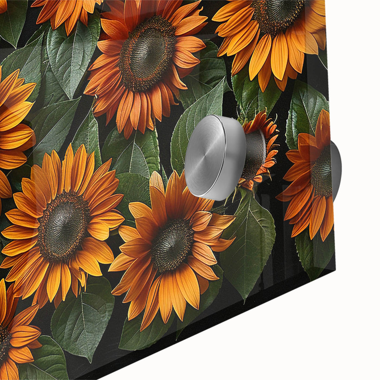 Close-up of a vibrant sunflower botanical design wall art piece, featuring intricate details and rich colors, ideal for home decor enthusiasts and nature lovers. Perfect for brightening up any space with its cheerful aesthetic.