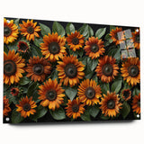 Botanical wall art featuring a vibrant sunflower design printed on acrylic glass, showcasing intricate details and textures, ideal for home decor.