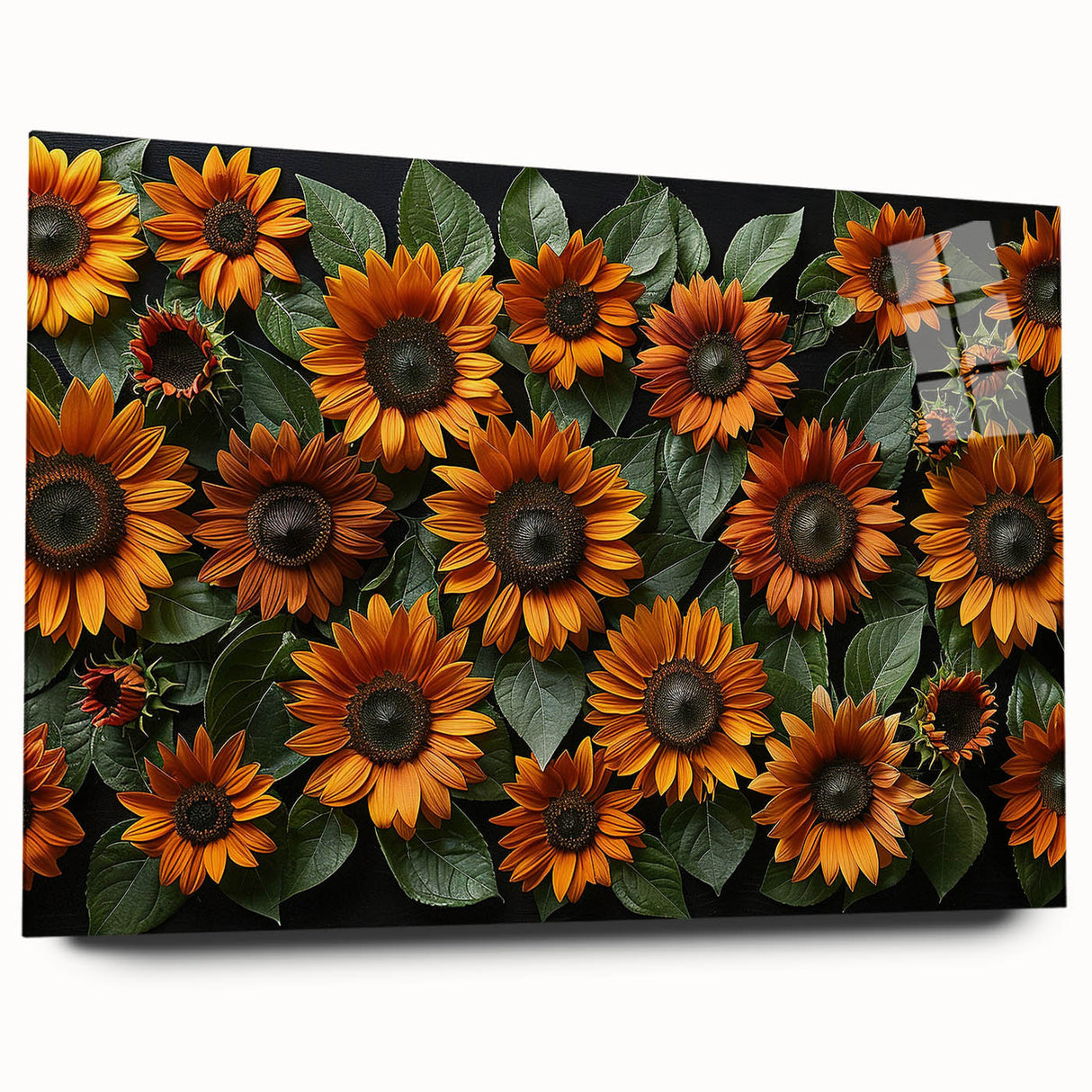 Vibrant botanical sunflower wall art design displayed in a sleek acrylic frame, showcasing rich yellows and greens, perfect for brightening any space.