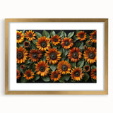 Botanical sunflower wall art collection framed in gold, showcasing vibrant yellow sunflowers against a white background, perfect for home decor enhancement.