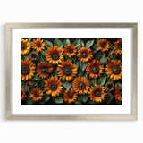 Botanical sunflower wall art collection framed in silver with a mat, showcasing vibrant yellow petals and intricate details, perfect for home decor.