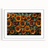 Botanical wall art featuring a vibrant sunflower design in a sleek white frame with a mat, perfect for home decor and enhancing interior aesthetics.