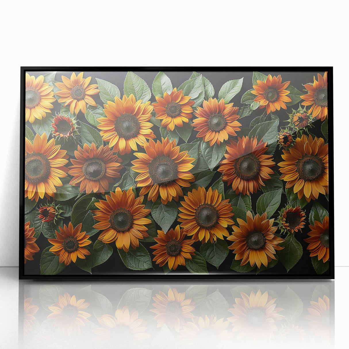 Framed wall art featuring a vibrant sunflower botanical design with a black frame, showcasing bright yellow petals against a clean background, perfect for home decor.