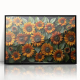 Framed wall art featuring a vibrant sunflower botanical design with a black frame, showcasing bright yellow petals against a clean background, perfect for home decor.