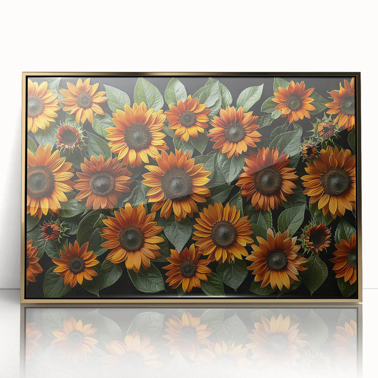 Framed botanical wall art featuring a vibrant sunflower design with gold accents, showcasing a modern aesthetic perfect for home decor. Ideal for brightening living spaces.