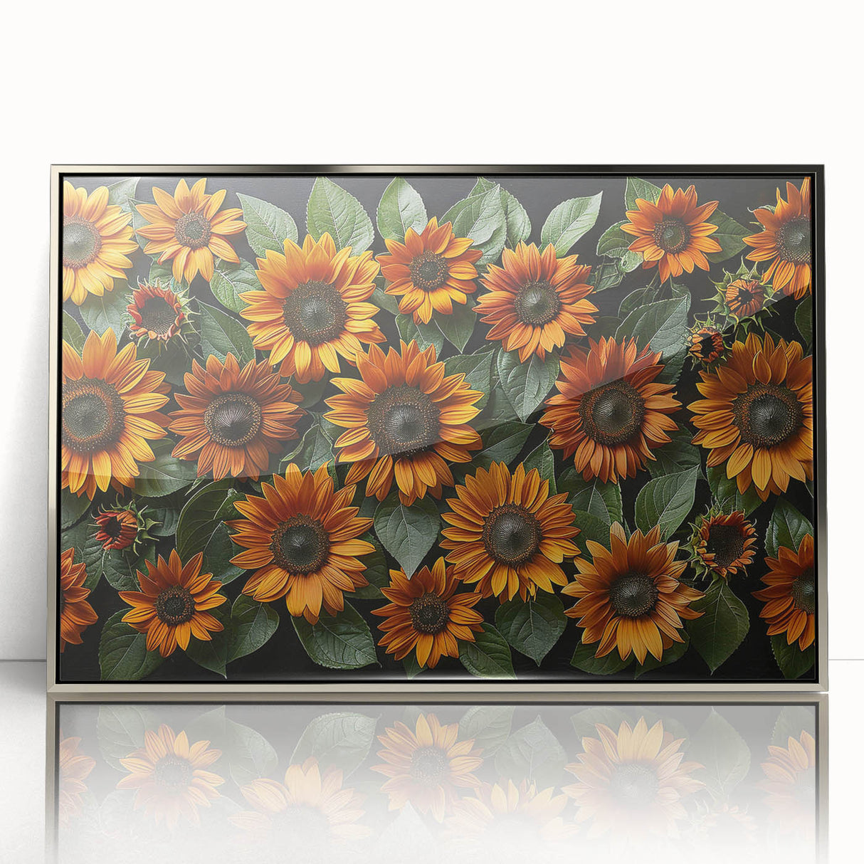 Framed wall art featuring a vibrant sunflower botanical design, presented in a sleek silver frame, perfect for home decor and brightening interiors with a natural touch.