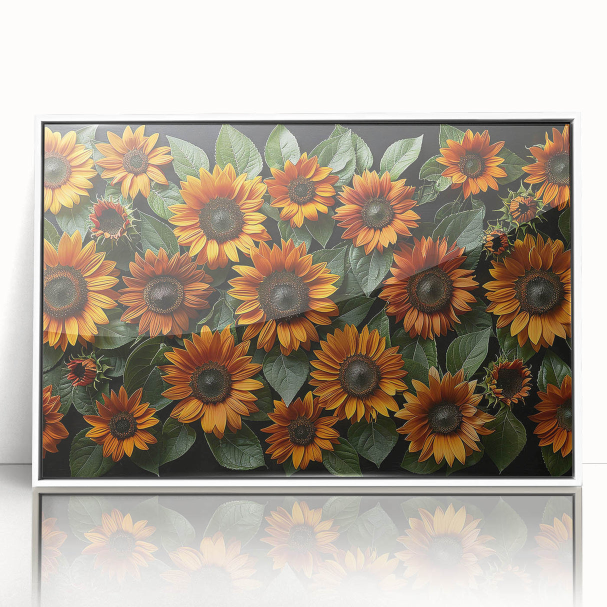 Framed wall art featuring a vibrant botanical sunflower design with a white frame, perfect for brightening up living spaces and enhancing home decor.