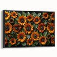 Framed canvas wall art featuring a vibrant botanical sunflower design in black frame, showcasing intricate details and rich colors ideal for home decor.
