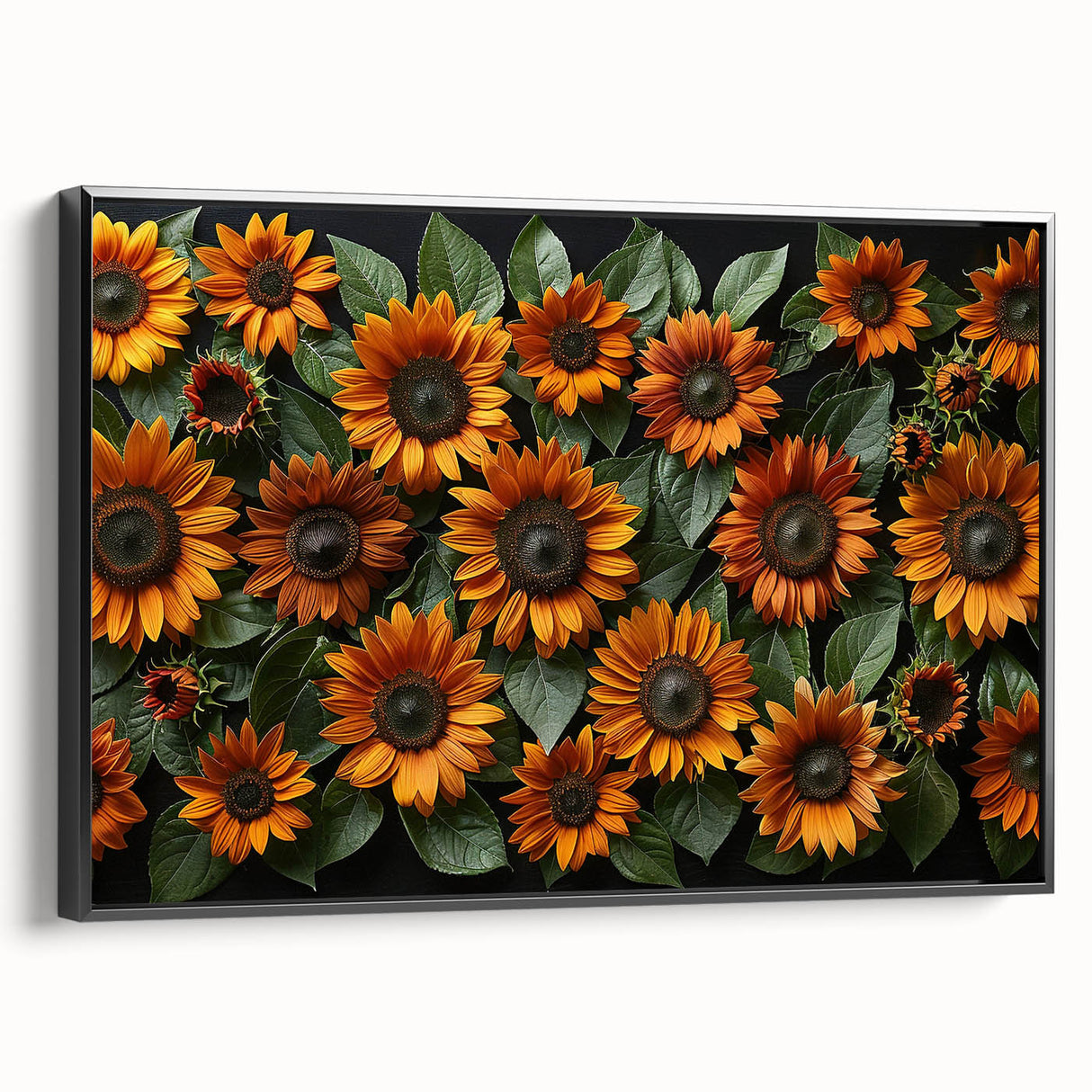Framed canvas wall art featuring a vibrant botanical sunflower design in black frame, showcasing intricate details and rich colors ideal for home decor.