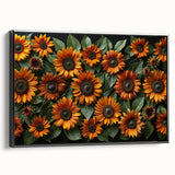 Framed canvas wall art featuring a vibrant botanical sunflower design in black frame, showcasing intricate details and rich colors ideal for home decor.