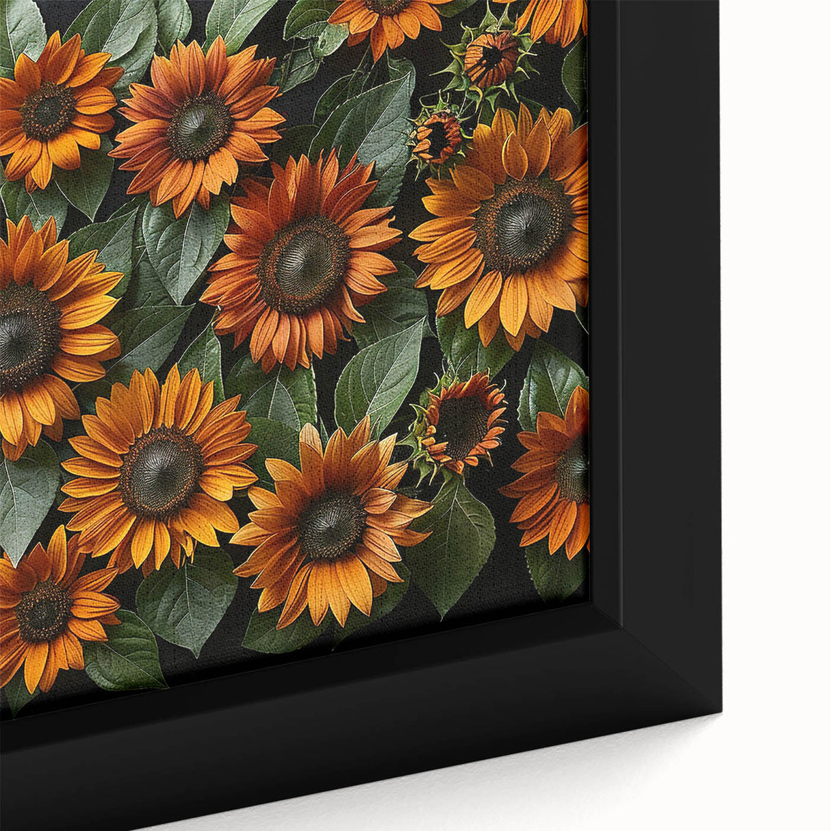 Close-up of a beautifully framed botanical sunflower wall art piece, showcasing vibrant yellow petals and intricate details, perfect for home decor.