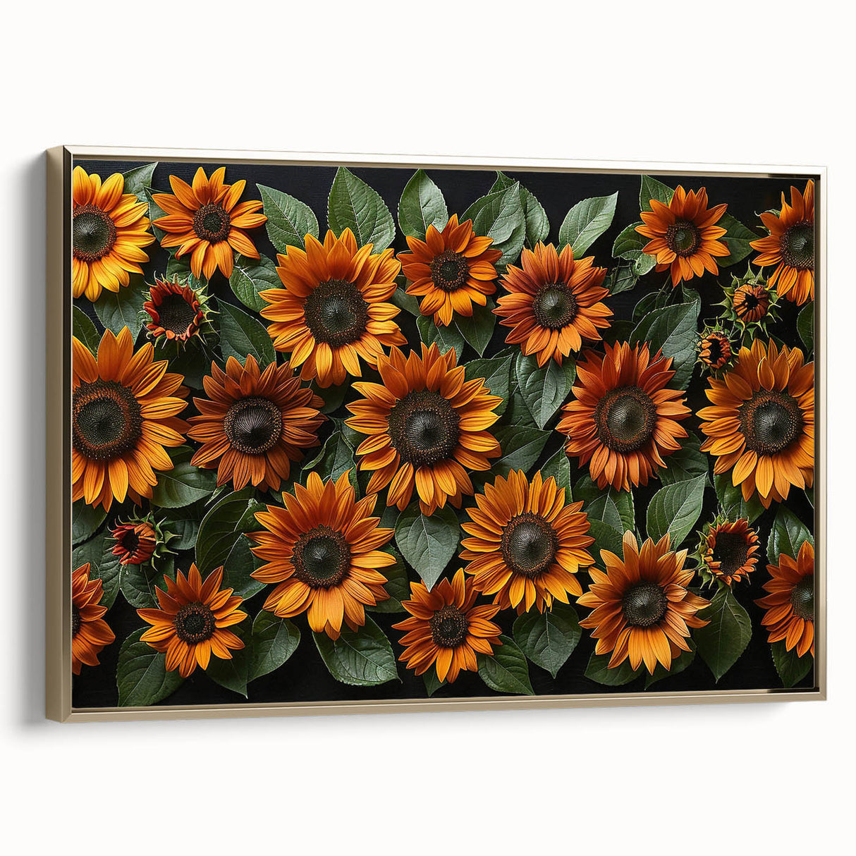 Framed canvas wall art featuring a vibrant botanical sunflower design with gold accents, set against a stylish backdrop, ideal for home decor enthusiasts.