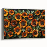 Framed wall art featuring a vibrant botanical sunflower design on canvas, showcasing intricate details and a silver frame, ideal for home decor.