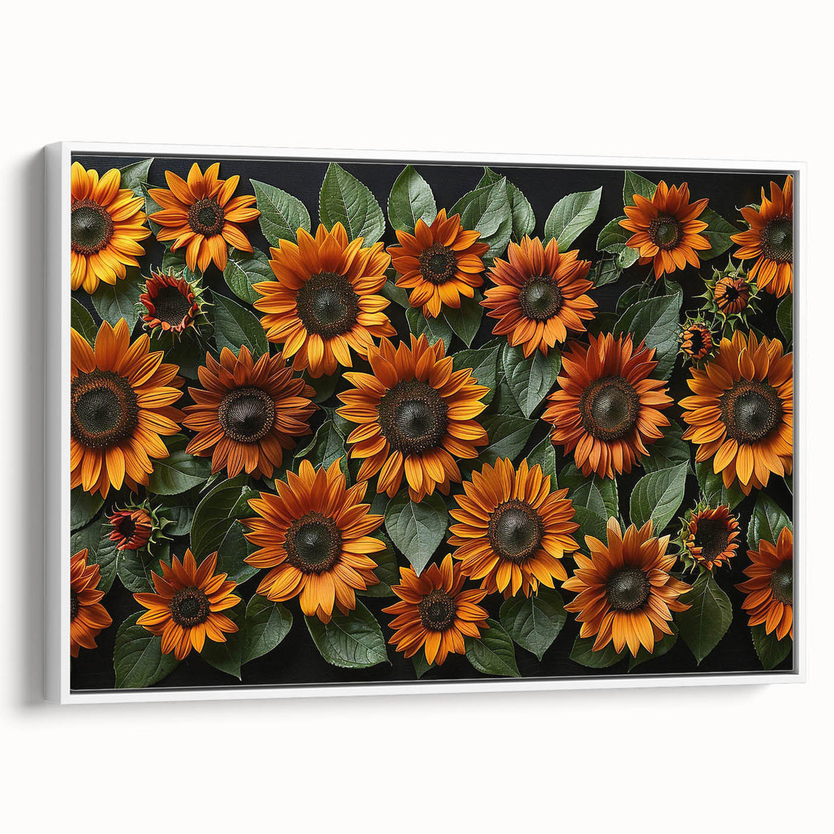 Framed botanical wall art featuring a vibrant sunflower design on canvas, displayed in a stylish white frame, ideal for brightening home decor and nature-themed interiors.