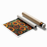Botanical wall art print showcasing vibrant sunflowers in a detailed design, rolled for easy transport and storage, ideal for home decor enthusiasts.