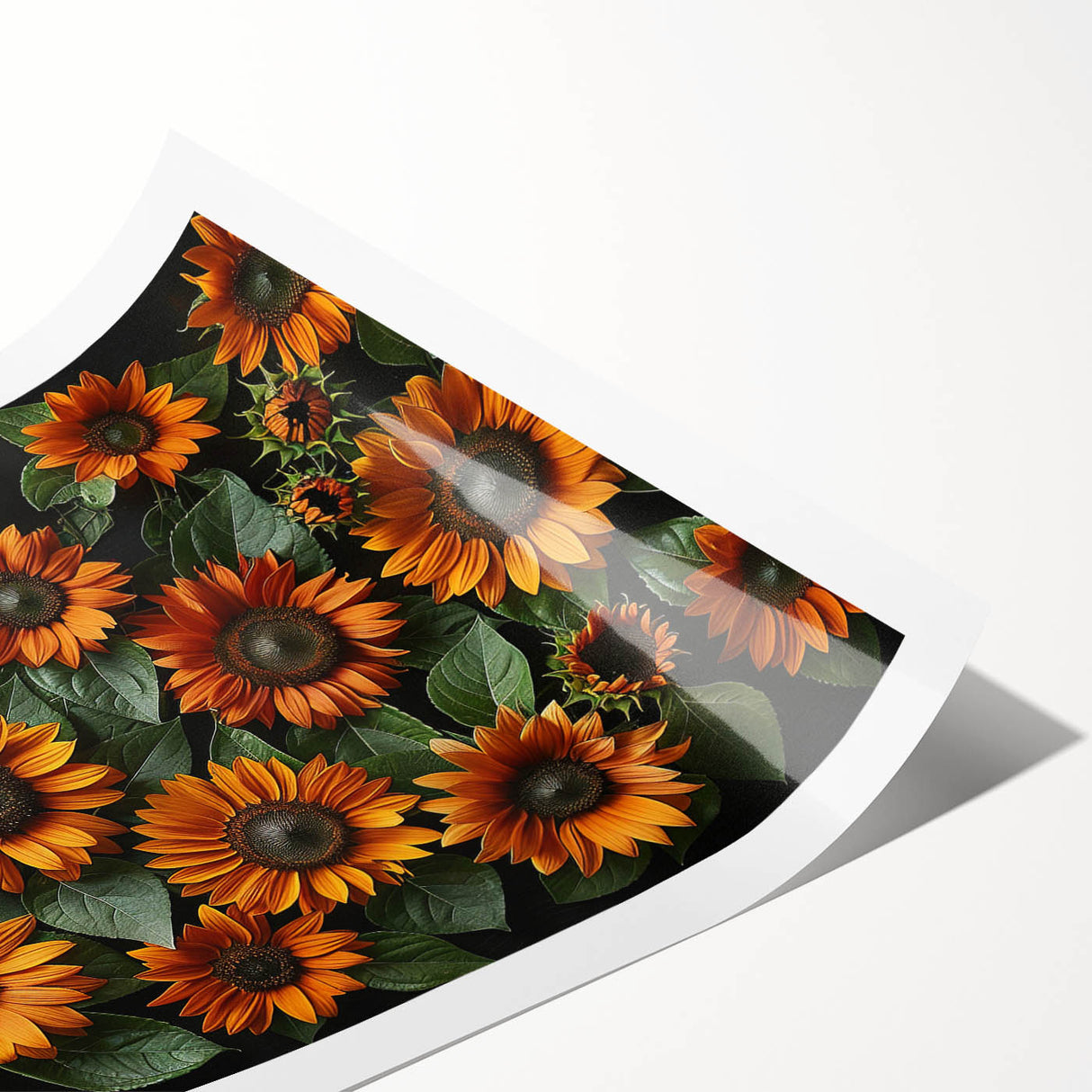 Bright yellow sunflower botanical wall art print showcasing intricate petal details and vibrant colors, perfect for home decor. Rolled and packaged for easy display.