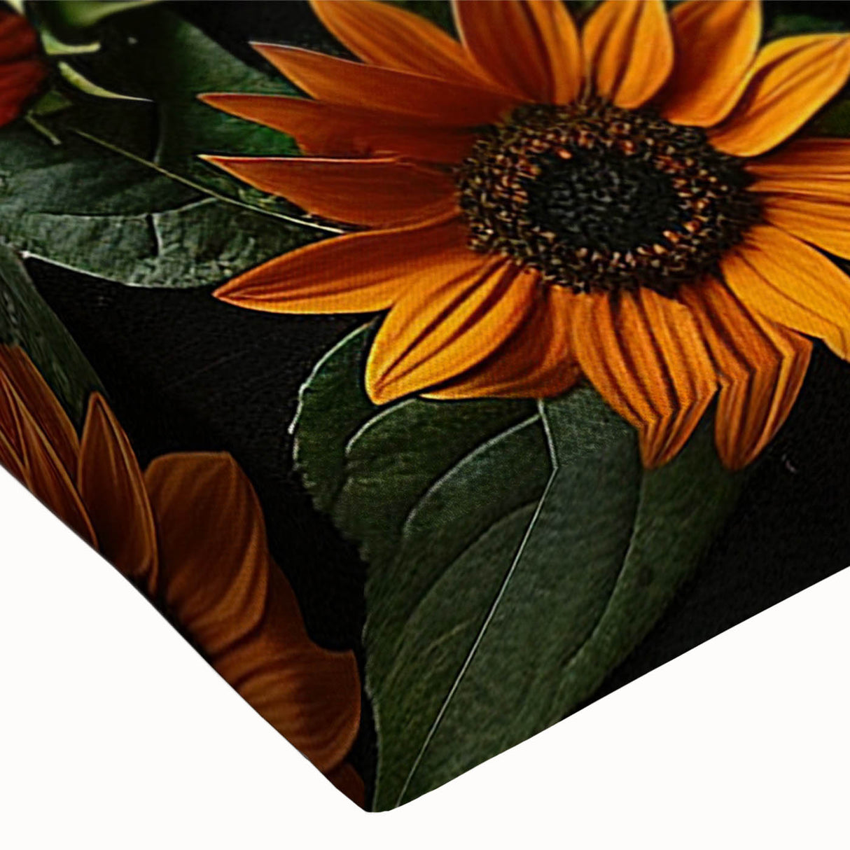 Close-up of a vibrant sunflower design on stretched canvas, showcasing intricate botanical details and rich yellow hues, perfect for home decor enthusiasts.