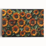 Vibrant botanical wall art featuring a sunflower design on stretched canvas, showcasing vivid yellow petals and green leaves, perfect for home decor enhancement.