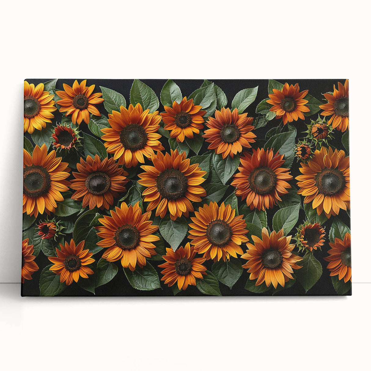 Stretched canvas featuring a vibrant botanical sunflower design, showcasing intricate details in yellow and green hues, perfect for brightening any room décor.