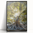 Framed acrylic wall art showcasing a botanical design of colorful flowers and trees, featuring a sleek black frame, ideal for modern home decor.