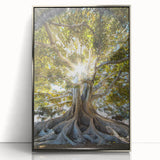 Framed acrylic wall art showcasing a vibrant botanical design of trees and flowers, featuring a sleek silver frame, perfect for modern home decor.