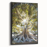 Framed canvas wall art featuring botanical tree designs in vibrant colors, showcasing a black frame with a side view perspective, perfect for home decor.