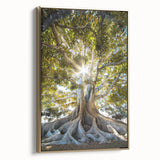 Framed canvas wall art showcasing a botanical tree design, highlighted by gold accents, presented from a side view to emphasize its elegant finish and aesthetic appeal.