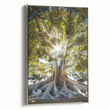 Framed wall art collection showcasing a botanical design of flowers and trees, set against a silver frame, highlighting vibrant colors and intricate details.