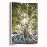 Framed botanical wall art collection featuring vibrant floral designs and lush green trees, displayed in a modern white frame, ideal for home decor.