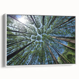 Framed canvas wall art showcasing a botanical design of trees and flowers in a minimalist style, featuring a white frame and elegant side view display.