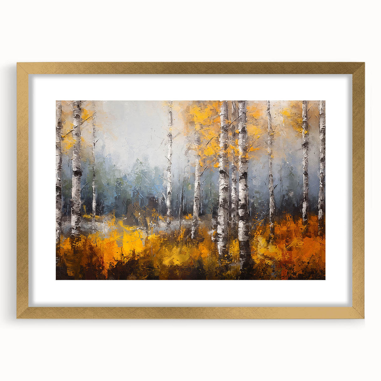 Botanical wall art collection featuring a gold-framed design of vibrant flowers and trees, elegantly matted for a sophisticated look in home decor. Perfect for enhancing interior spaces with a touch of nature.