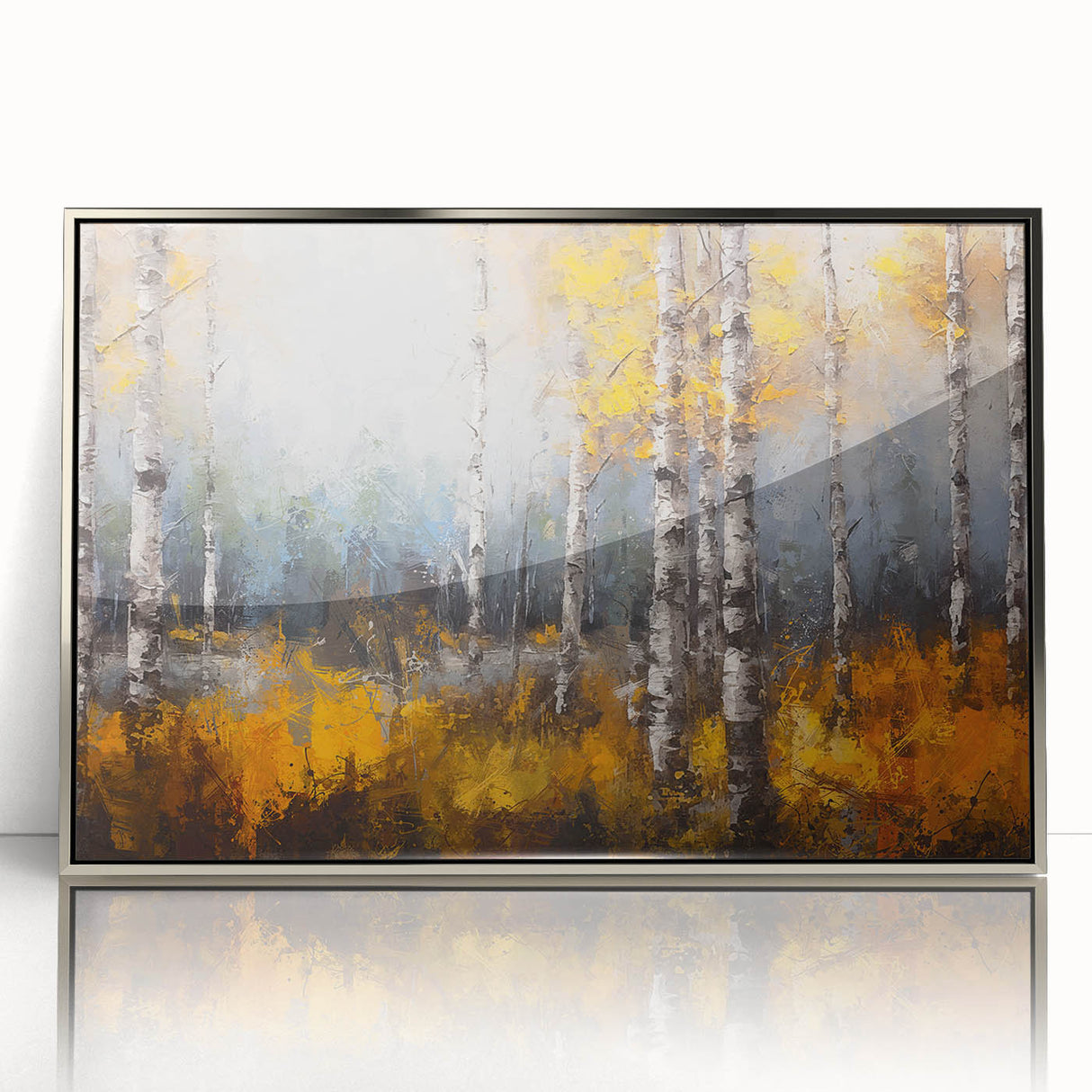 Framed acrylic wall art featuring a botanical design of vibrant flowers and trees, showcased in a sleek silver frame, perfect for enhancing modern home decor.