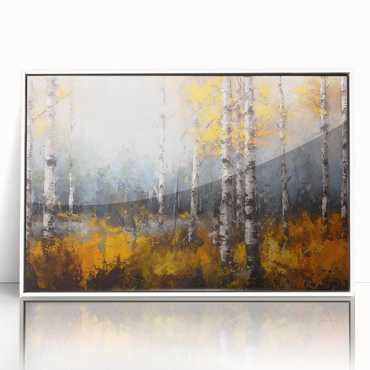 Framed wall art featuring a botanical design of vibrant flowers and trees in a sleek white frame, perfect for enhancing indoor decor and adding a touch of nature.