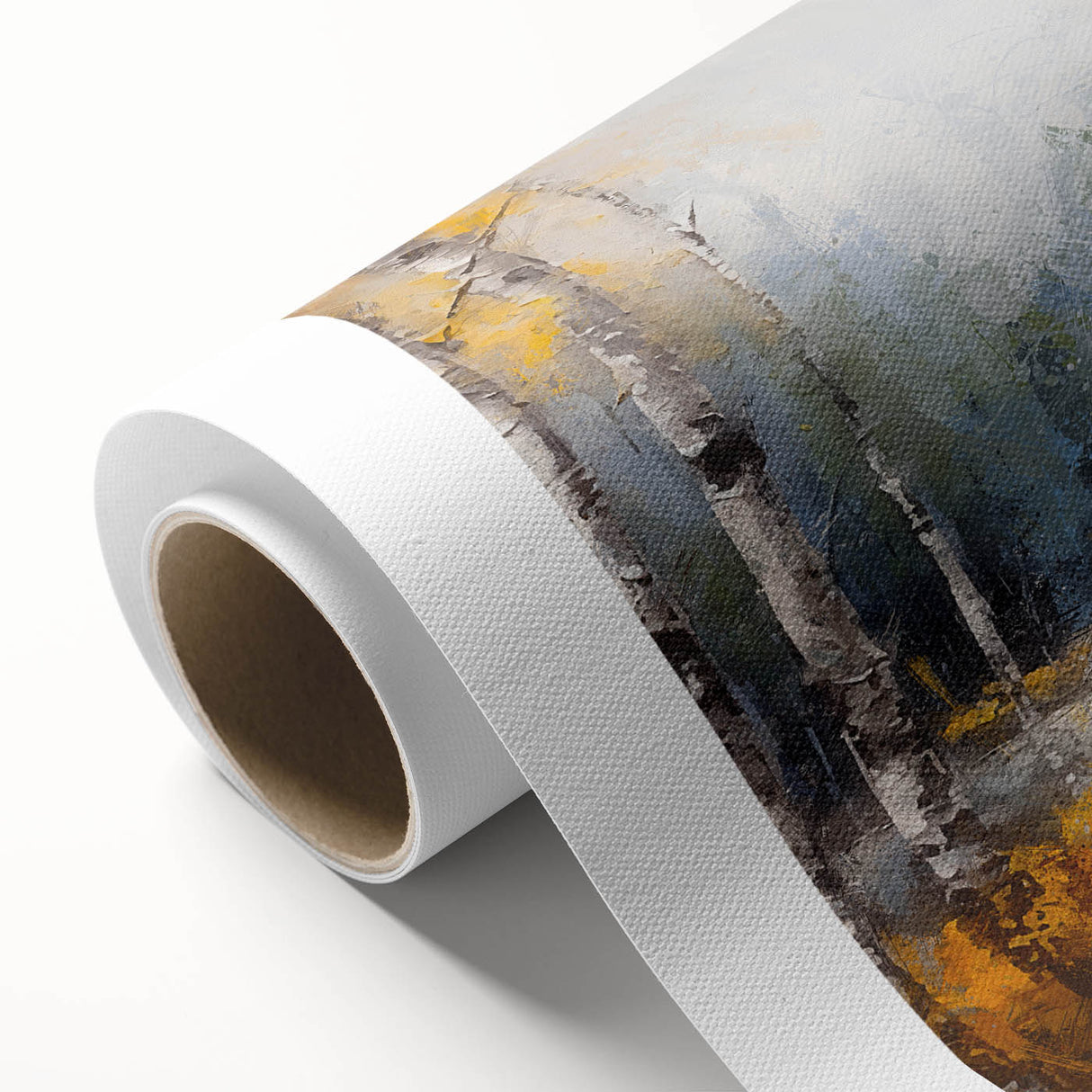 Botanical wall art design showcasing vibrant flowers and trees on rolled canvas, ideal for adding a natural touch to home decor, packaged securely in a cardboard tube.