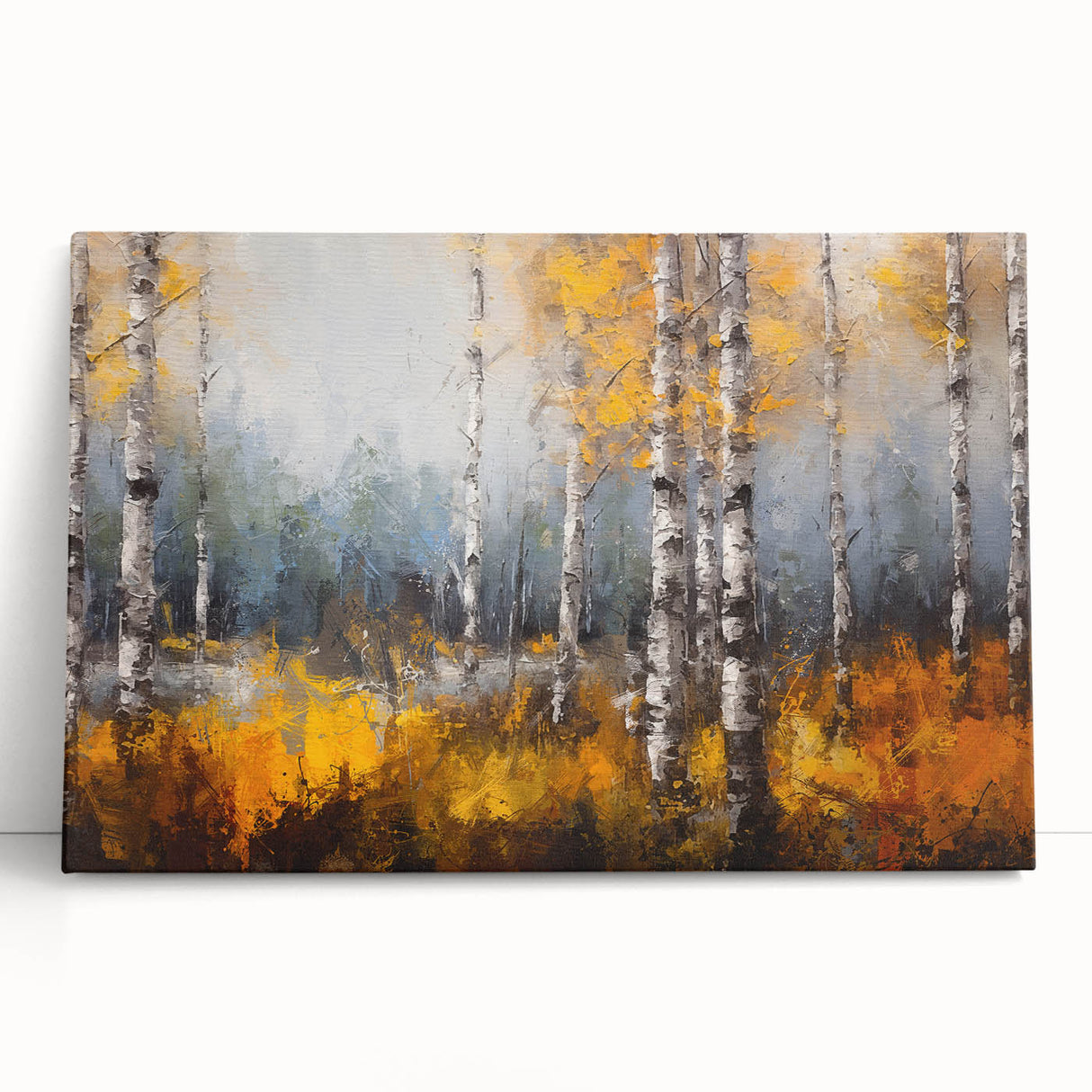 A vibrant stretched canvas featuring a botanical wall art design with colorful flowers and trees, elegantly leaning against a wall, perfect for home decor.