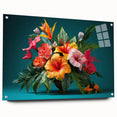 Tropical botanical wall art featuring vibrant flowers in a decorative acrylic glass frame, showcasing a side view with visible mounting pins for easy hanging.