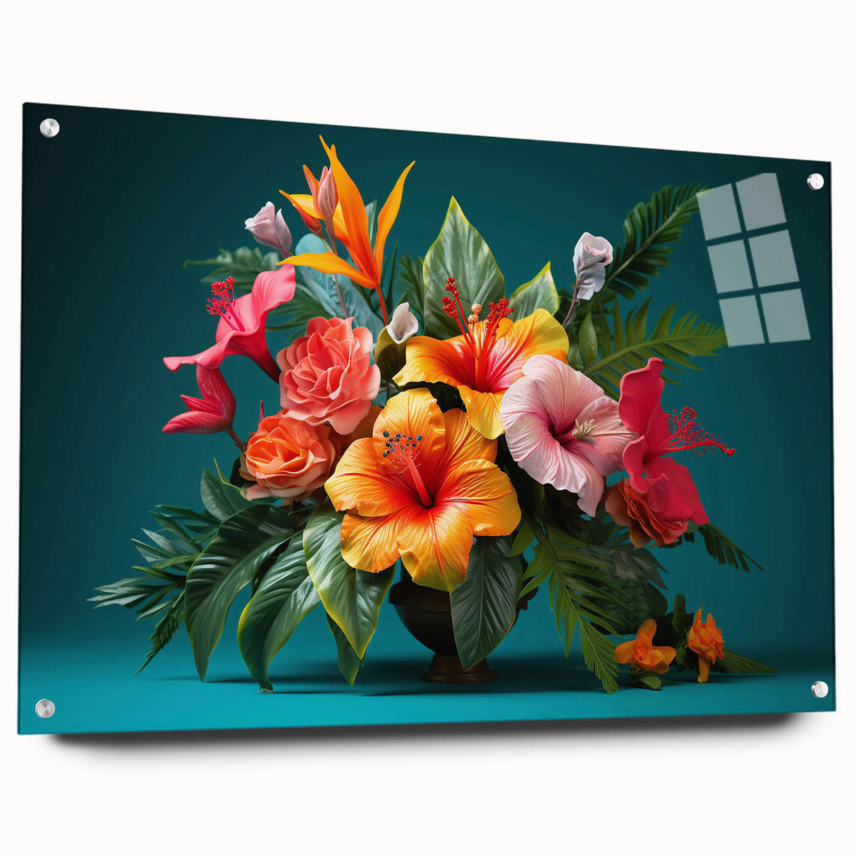 Tropical botanical wall art featuring vibrant flowers in a decorative acrylic glass frame, showcasing a side view with visible mounting pins for easy hanging.