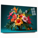 Tropical botanical wall art featuring vibrant, colorful flowers printed on acrylic glass, showcased in a sleek side view without pins, perfect for home decor.