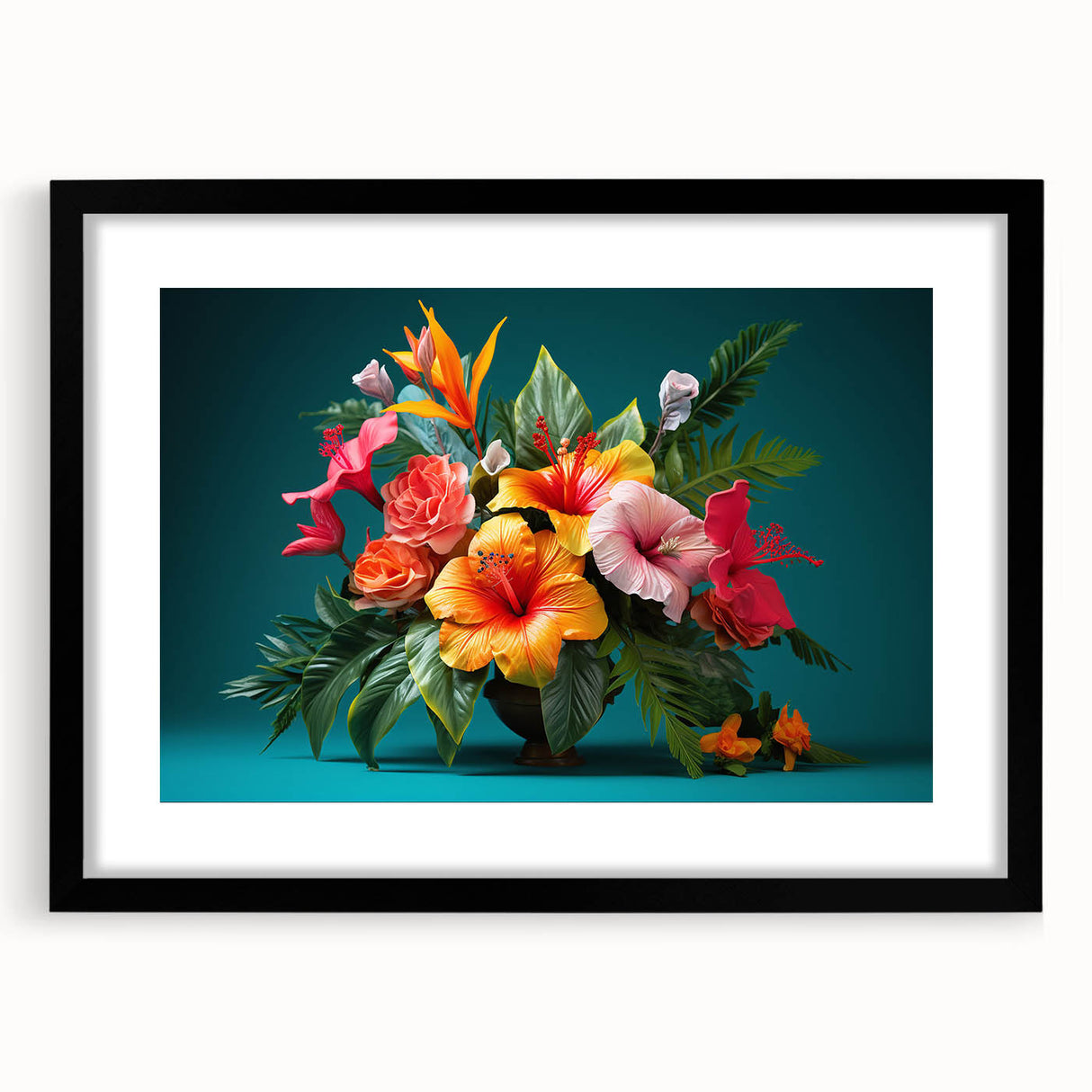Framed botanical wall art featuring a vibrant tropical flower design in a sleek black frame, perfect for home decor accents in modern interiors.