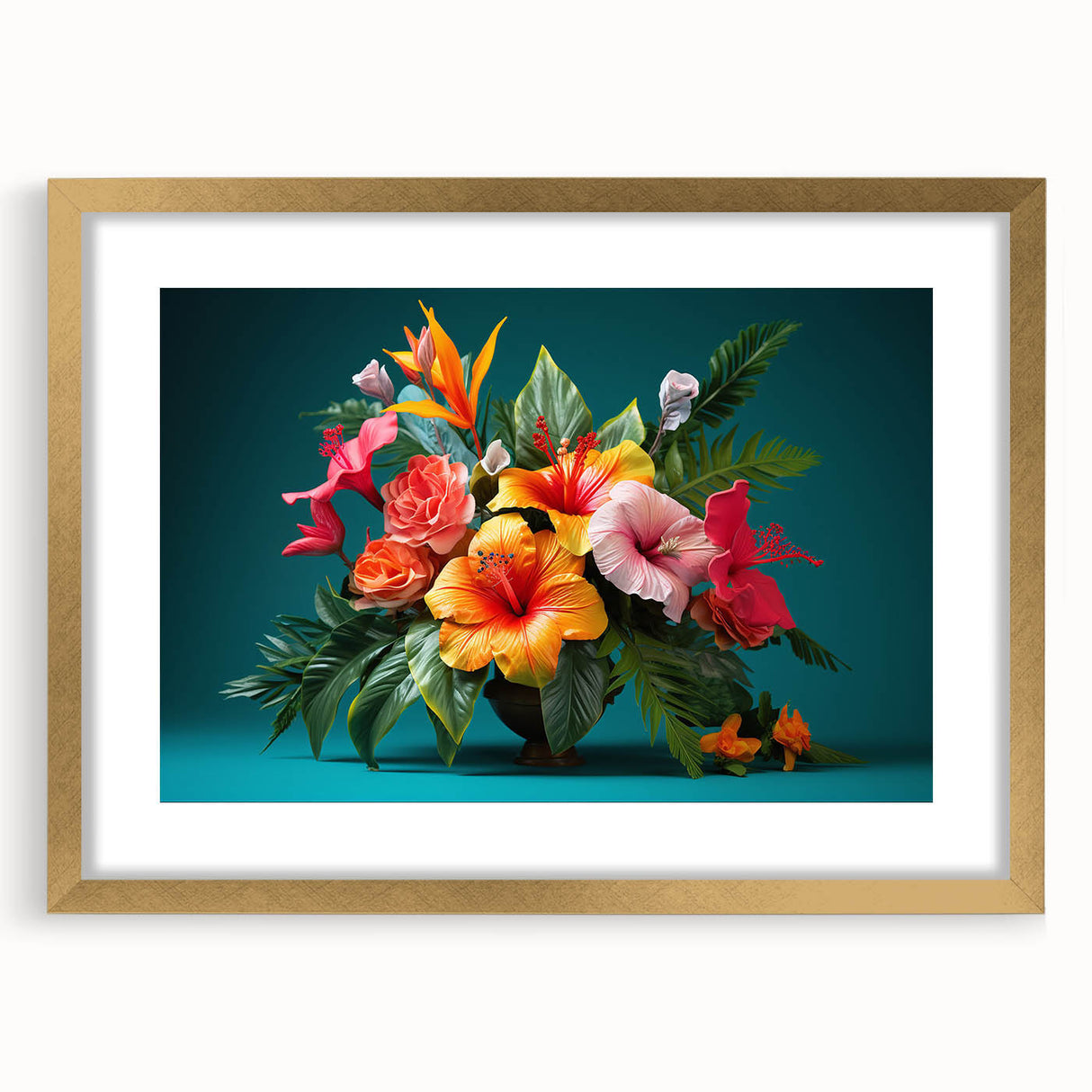 Tropical botanical flower wall art collection framed in gold with a mat, showcasing vibrant colors and intricate floral designs, perfect for home decor.