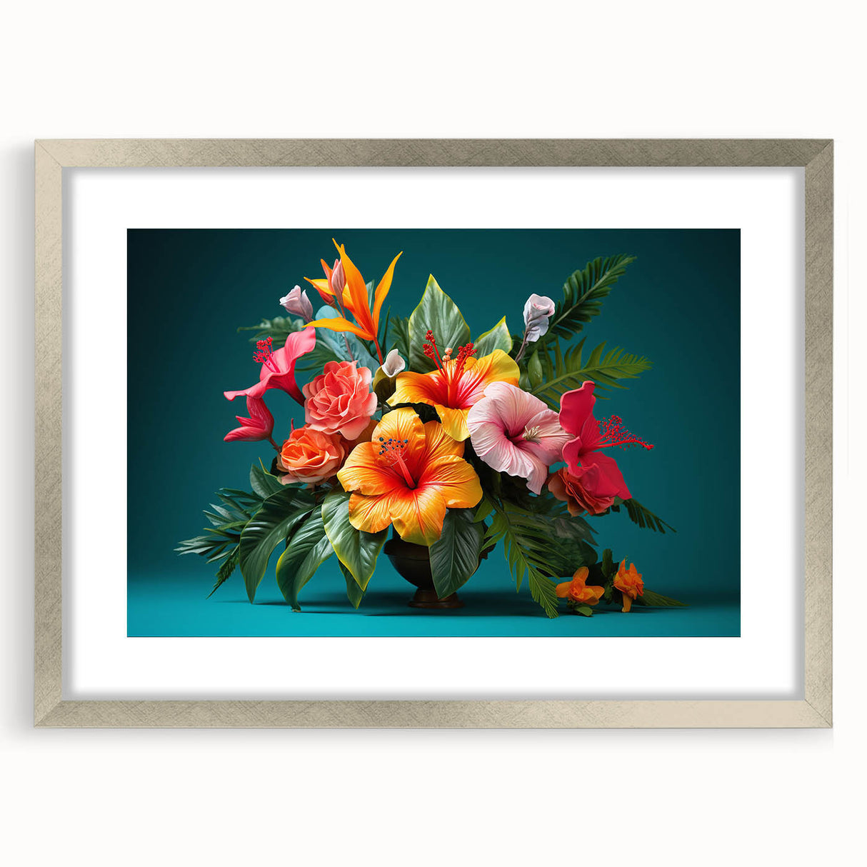 Tropical botanical wall art featuring vibrant flowers in a silver frame with matting, perfect for home decor, showcasing a stylish front view and elegant design.
