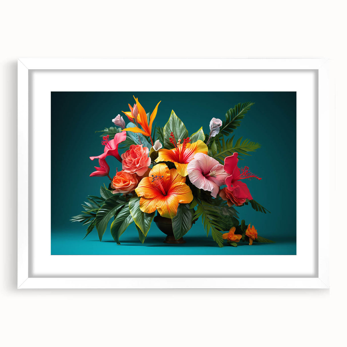 Tropical botanical wall art featuring vibrant floral designs in a white frame with matting, perfect for enhancing home decor with a touch of nature.