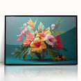 Framed wall art featuring a vibrant tropical flower design, showcasing intricate botanical details in bright colors against a sleek black frame, ideal for home decor.
