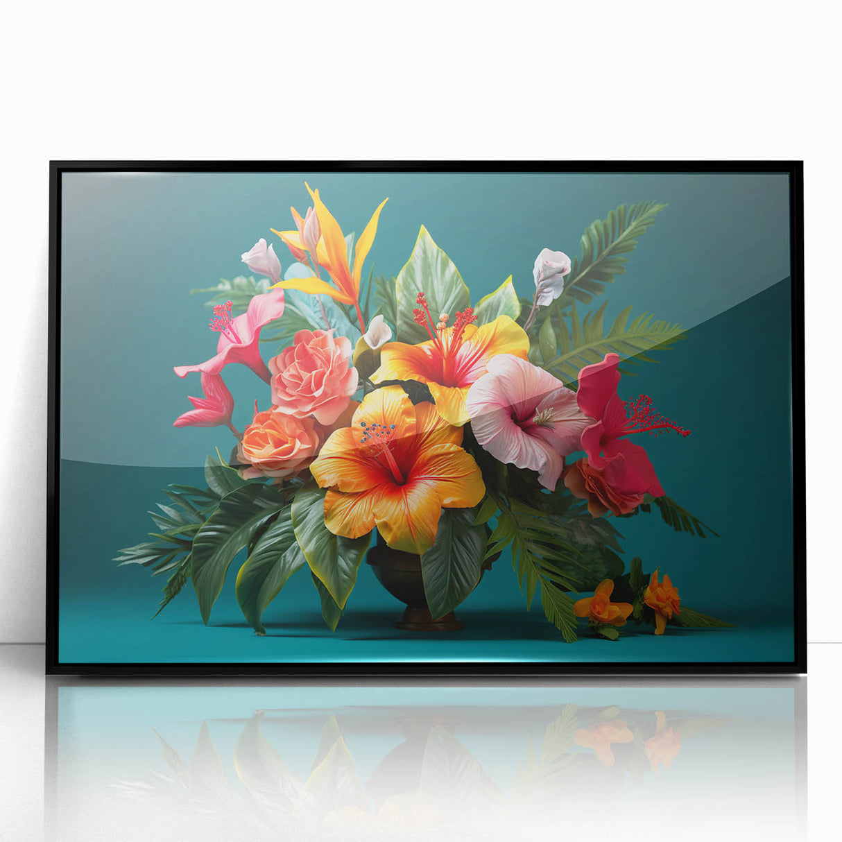 Framed wall art featuring a vibrant tropical flower design, showcasing intricate botanical details in bright colors against a sleek black frame, ideal for home decor.