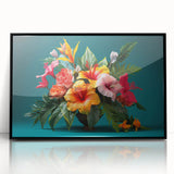 Framed wall art featuring a vibrant tropical flower design, showcasing intricate botanical details in bright colors against a sleek black frame, ideal for home decor.