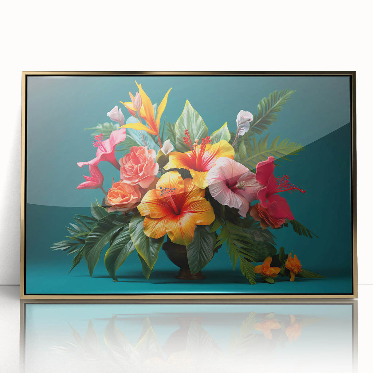 Framed wall art collection showcasing a vibrant botanical tropical flower design with gold accents, perfect for home decor. Ideal for nature enthusiasts and interior styling.