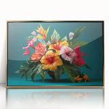 Framed wall art collection showcasing a vibrant botanical tropical flower design with gold accents, perfect for home decor. Ideal for nature enthusiasts and interior styling.