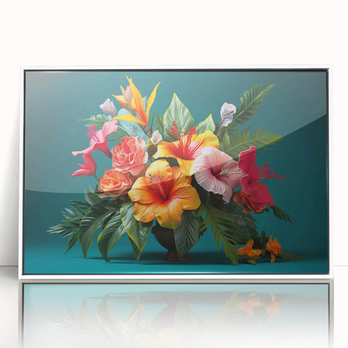 Tropical floral wall art design featuring vibrant botanical illustrations in a white frame, perfect for adding a touch of nature to modern home decor. Ideal for enhancing living spaces with a fresh, colorful aesthetic that evokes a serene ambiance.